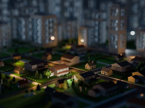 Modern, clean residential neighborhood in the evening. Digital 3D render.