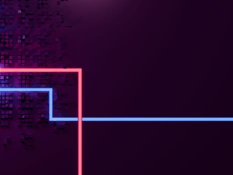 Abstract city with neon glowing lights. Cyberpunk, synthwave aesthetic. Digital 3D render.