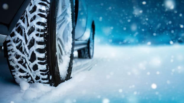 Car tires covered with snow on a snowy road. Winter driving concept. AI generated