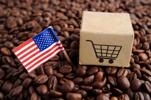 USA America flag on coffee beans, shopping online for export or import food product.