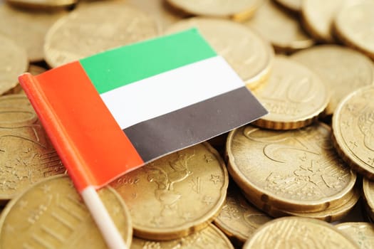 United Arab Emirates flag on coin and banknote money, finance trading investment business currency concept.