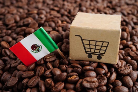 Mexico flag on coffee beans, shopping online for export or import food product.