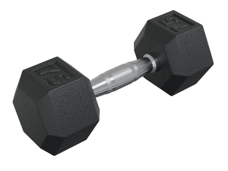 Hex Dumbbell with numbers 7.5, weightlifting gym equipment, side view, isolated on white background. 3D illustration