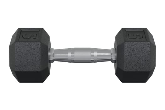 Hex Dumbbell with number 5, weightlifting gym equipment, side view, isolated on white background. 3D illustration