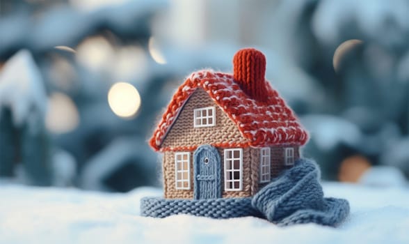 house with a knitted roof and a scarf in the snow on a Christmas winter background. heating system concept and cold snowy weather.copy space