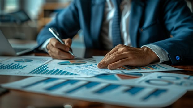 Businessman in suit analyzing financial reports with charts and graphs laid out on desk, data and strategy concept