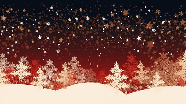 Winter scene with stylized trees in shades of red and white, with stars and snowflakes filling the night sky. card or background, copy space