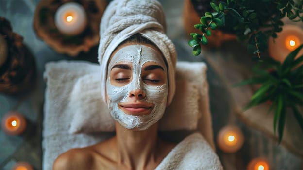 Serene image of woman with facial mask lying in spa setting surrounded by candles. Self-care and relaxation concept.