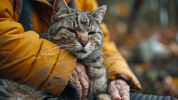 Senior man cradling a contented tabby cat in his arms, wearing a warm yellow jacket. peaceful moment of communication and care.