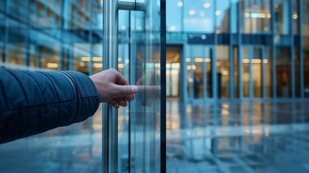 Hand in blue sleeve opening glass door leading to modern office building with reflective surfaces and soft blue lighting.
