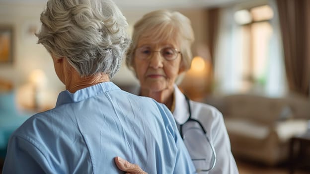 An elderly woman in a medical setting gently comforts another elderly woman, who appears reflective, emphasizing empathy and care.