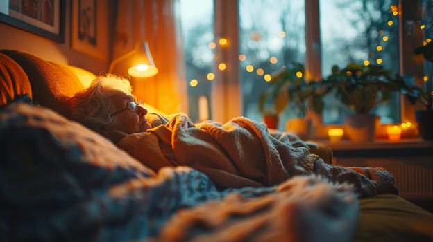 An elderly woman wrapped in a blanket rests comfortably in a cozy bedroom illuminated by warm, ambient lighting and soft bokeh