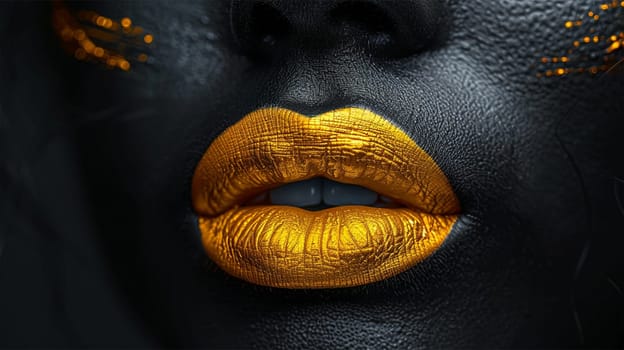 fashion portrait, Close-up of metallic gold lips on black textured skin, luxurious and intense visual contrast