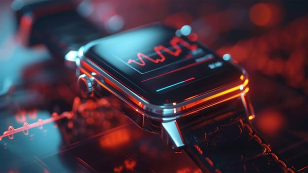 Close-up of futuristic smartwatch with heart rate monitor and vibrant red and blue lighting effects. concept modern technology.