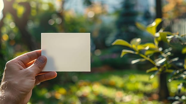 A hand holding a blank white card in an outdoor setting with a blurred natural background