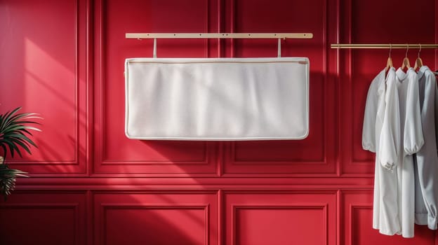 Room with red walls and white hanging bag for clothes