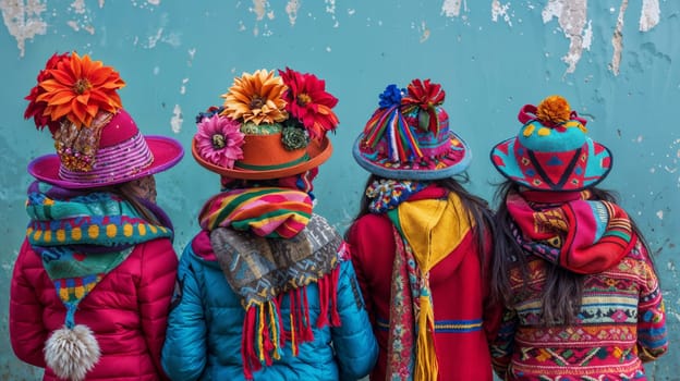Group of young women in multi-colored hats and jackets with ethnic ornaments standing next to each other.
