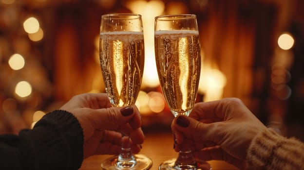 Two people holding champagne glasses against the background of the fireplace
