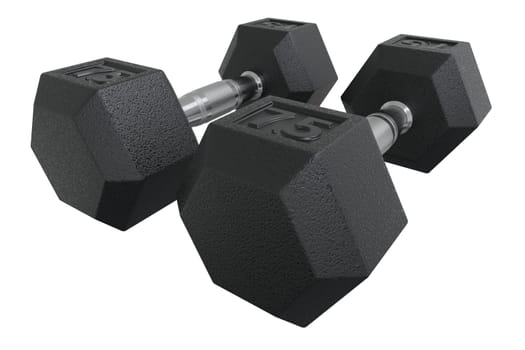 Two Hex Dumbbells with numbers 7.5, weightlifting gym equipment, isolated on white background. 3D illustration