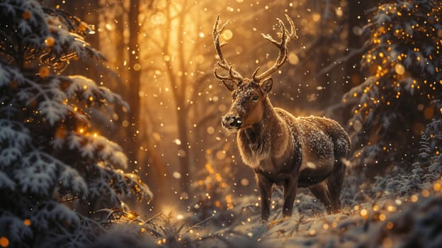 A deer stands in the snow surrounded by trees.
