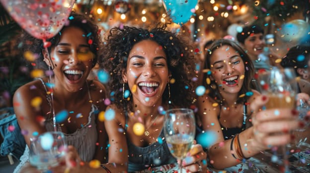Three women smiling and laughing while sipping champagne.