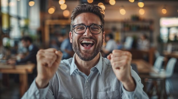 A man with glasses and a beard rejoices in victory or success, sitting at the table.