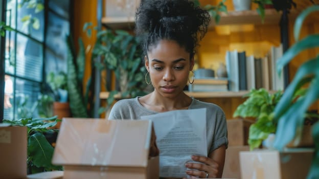 Woman reading receipt while sitting at desk with parcels