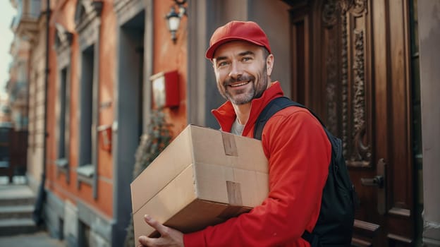 Delivery courier in red jacket holding box at building door