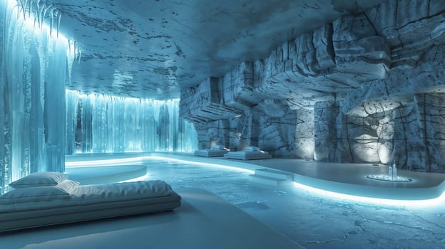 A room with a waterfall and an ice cave in the background