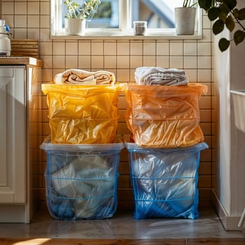 Stack of plastic containers with towels and other items