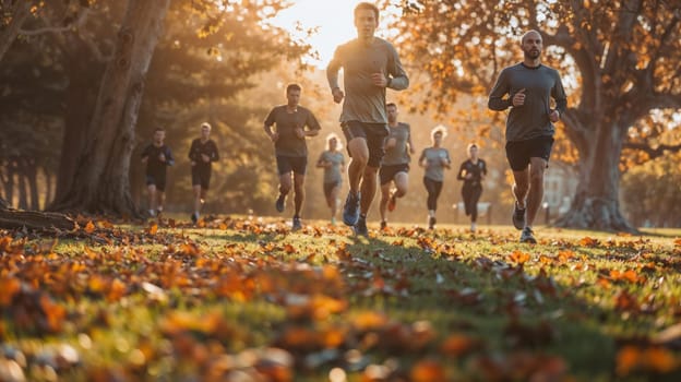 Group of men running through park with leaves on the ground.healthy leisure and self-care