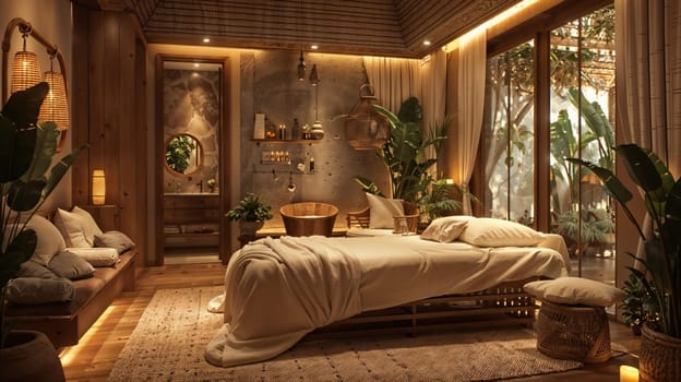 Bedroom with bed, potted plants and large windows