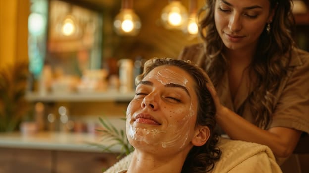 Cosmetologist doing facial massage in a spa to a client