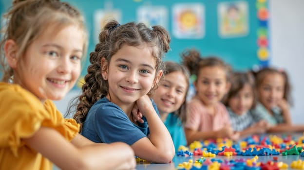 A group of children is sitting at a table with colorful blocks in the playroom.