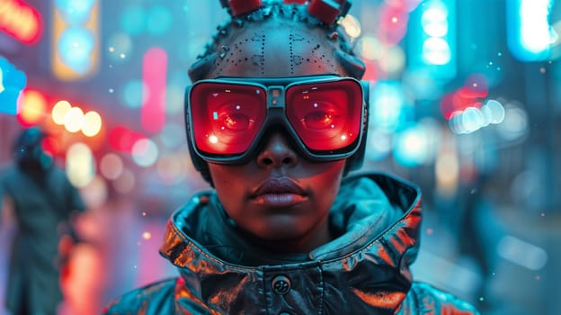 Android woman in jacket and red glasses outdoors in cyber city