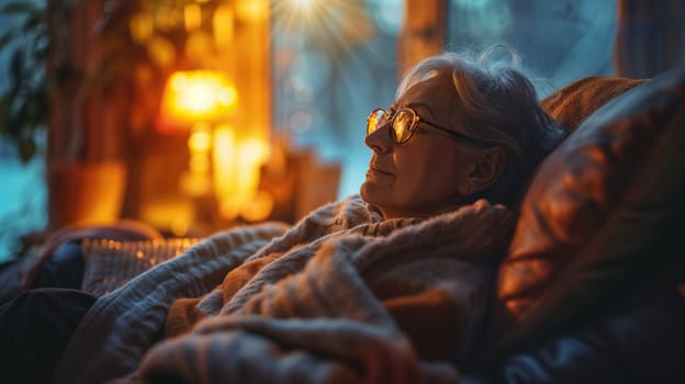A woman in glasses sits on the sofa, her head resting on the pillow.
