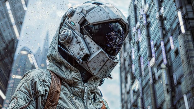 A man in a futuristic helmet stands next to tall buildings.