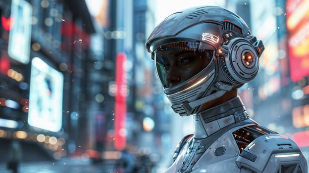 Futuristic-looking android in white suit and helmet with glowing eyes on the background of an illuminated city.surreal plot