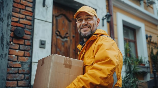 Male courier in yellow jacket holding box near building.delivery of goods