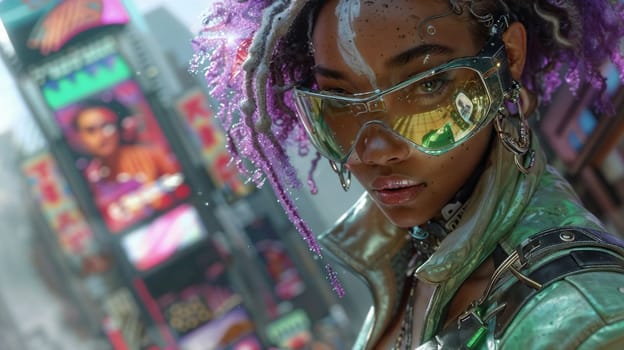Woman with purple hair and wearing sunglasses in a futuristic cyber city
