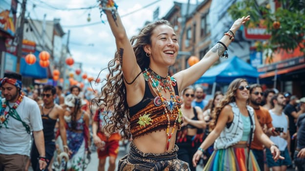 Woman in colorful dress dancing at open-air festival