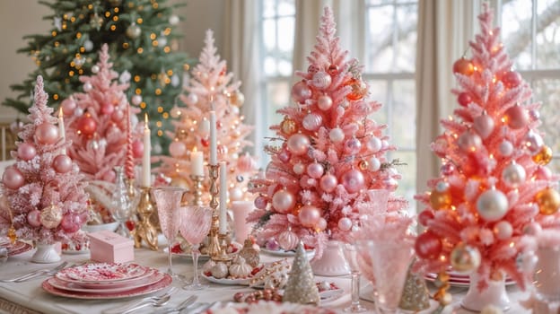 Table with pink Christmas trees and decorations on it