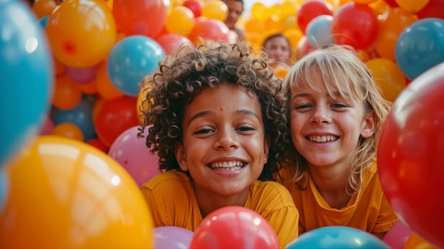 Two children smiling in large group of balloons in playroom