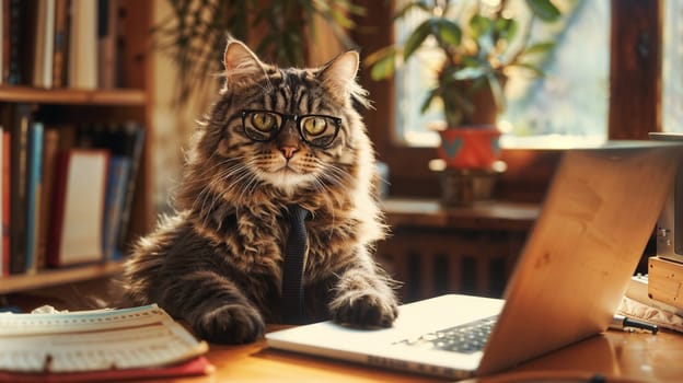 Cat in tie sitting at table with laptop