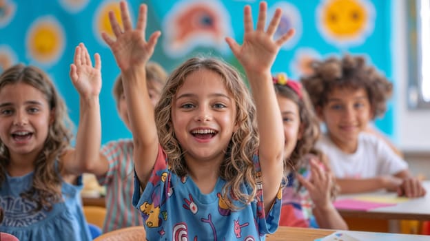 A group of cheerful students is sitting at a table with their hands raised