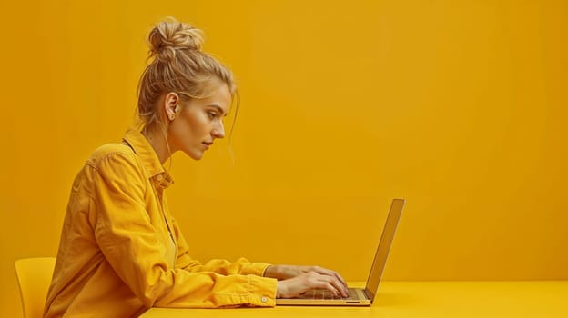 Woman in yellow shirt sitting at laptop on yellow background.copy space.