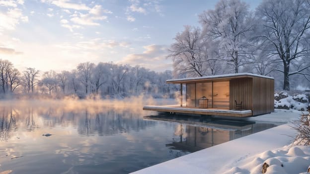 Small sauna house on the lake, surrounded by trees and snow