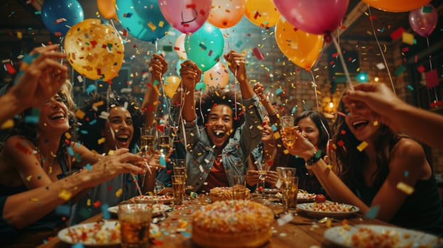 Group of people celebrating birthday with balloons and confetti