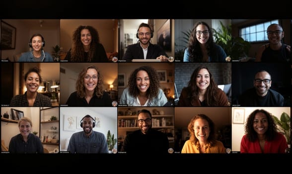 Group of people during a joint video call.screen with photos of people