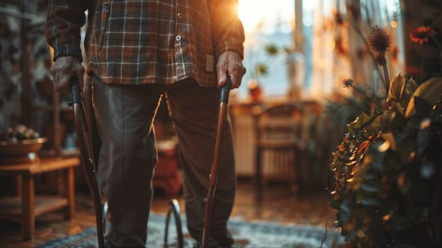 A man in a plaid shirt and trousers stands on a carpet with support, leaning on a stick.